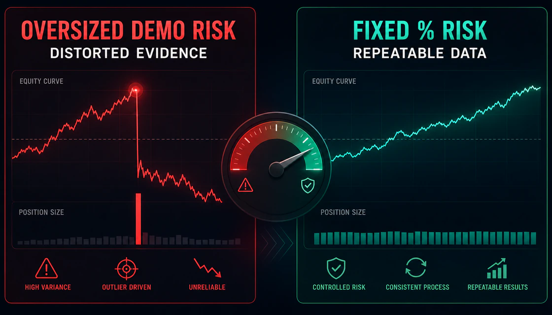 Realistic percentage risk compared with oversized positions in an Alpari demo account