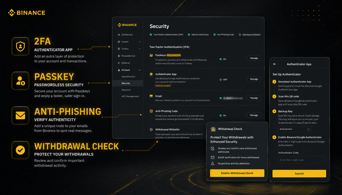 Binance account security checklist with passkey two-factor authentication and anti-phishing code