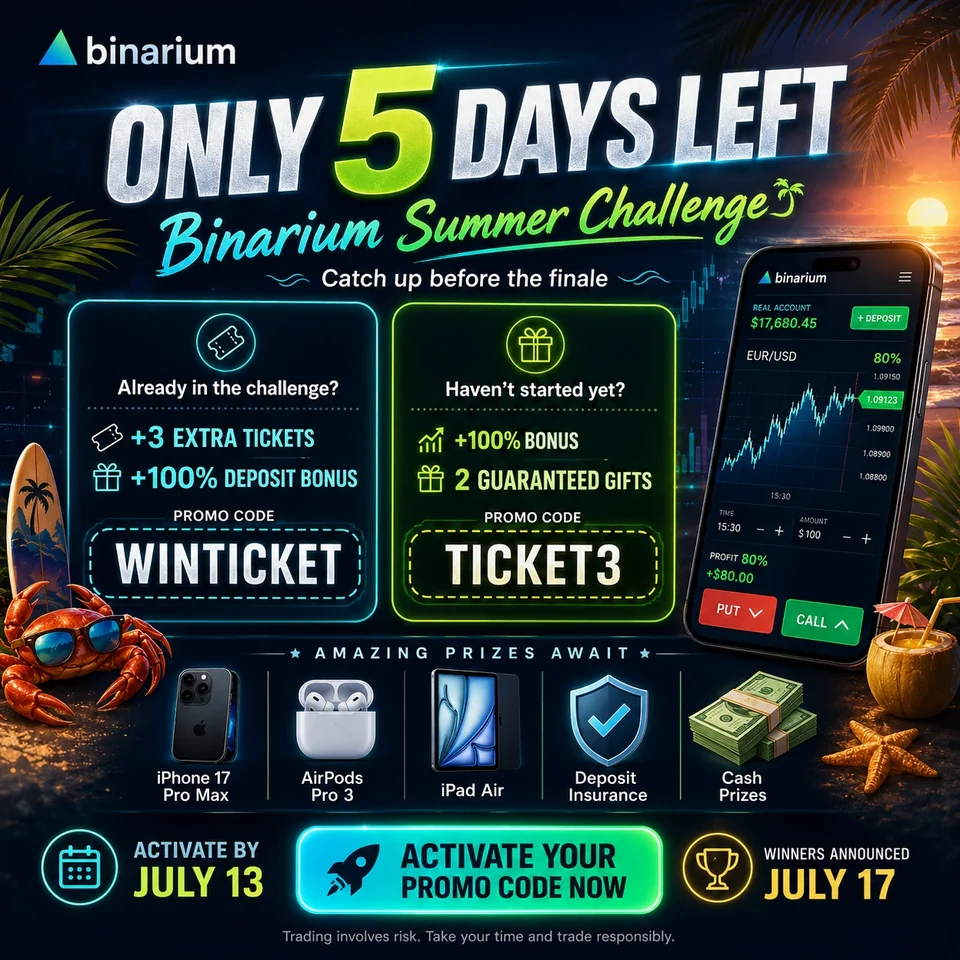 Binarium Summer Challenge poster with WINTICKET and TICKET3 promo codes, 100 percent bonuses, tickets and prizes