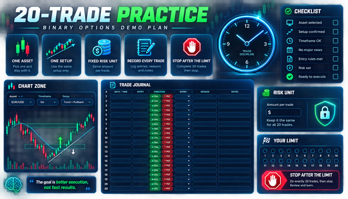Binarium twenty-trade demo practice plan with journal and fixed risk