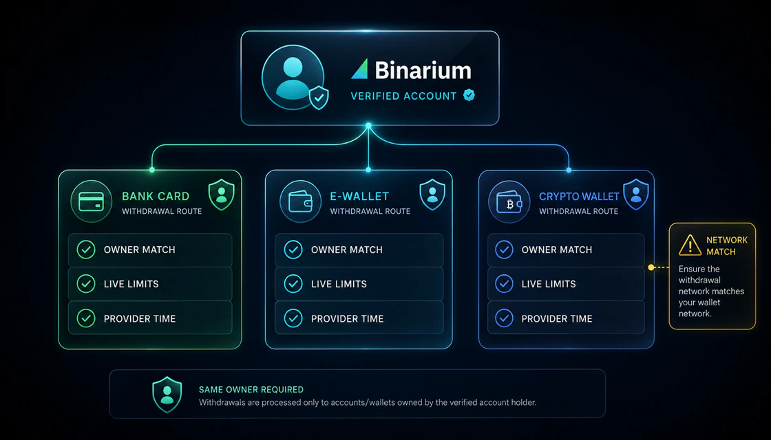 Binarium withdrawal routes for bank card, e-wallet and cryptocurrency