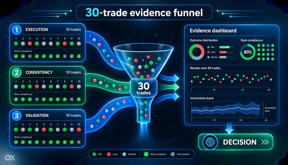 Thirty-trade evidence funnel divided into execution, consistency, and validation blocks