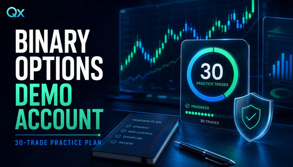 Binary options demo account poster with a 30-trade progress ring, trading plan notebook, and risk shield