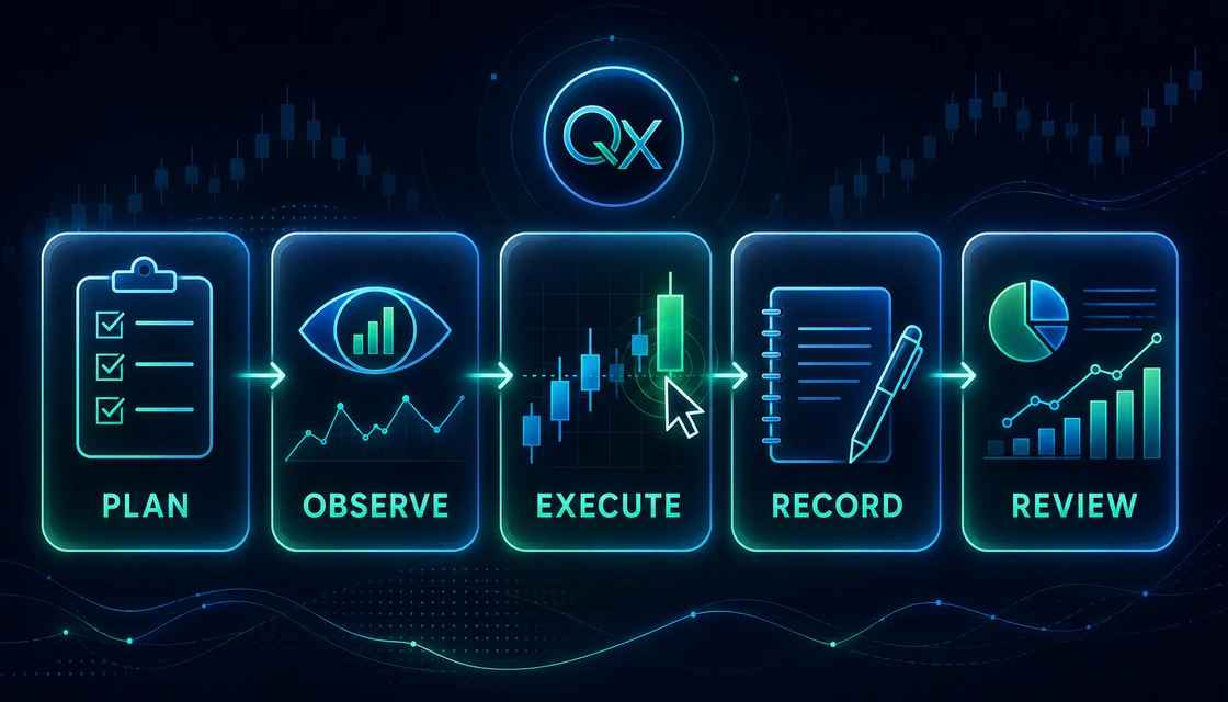 Five-step demo trading workflow: plan, observe, execute, record, and review