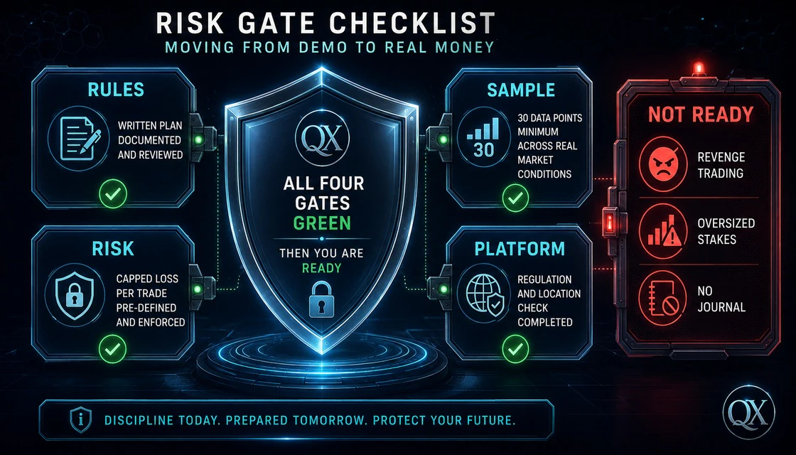 Four-gate checklist for moving from demo to real money: rules, sample, risk, and platform