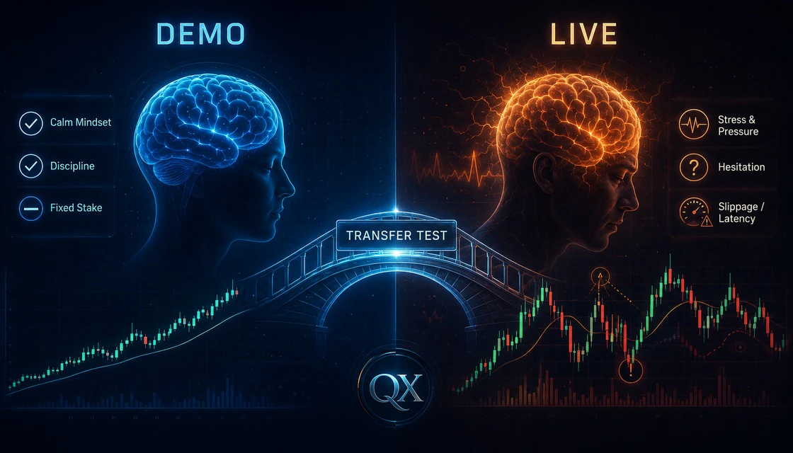 Demo versus live trading psychology comparison connected by a transfer test