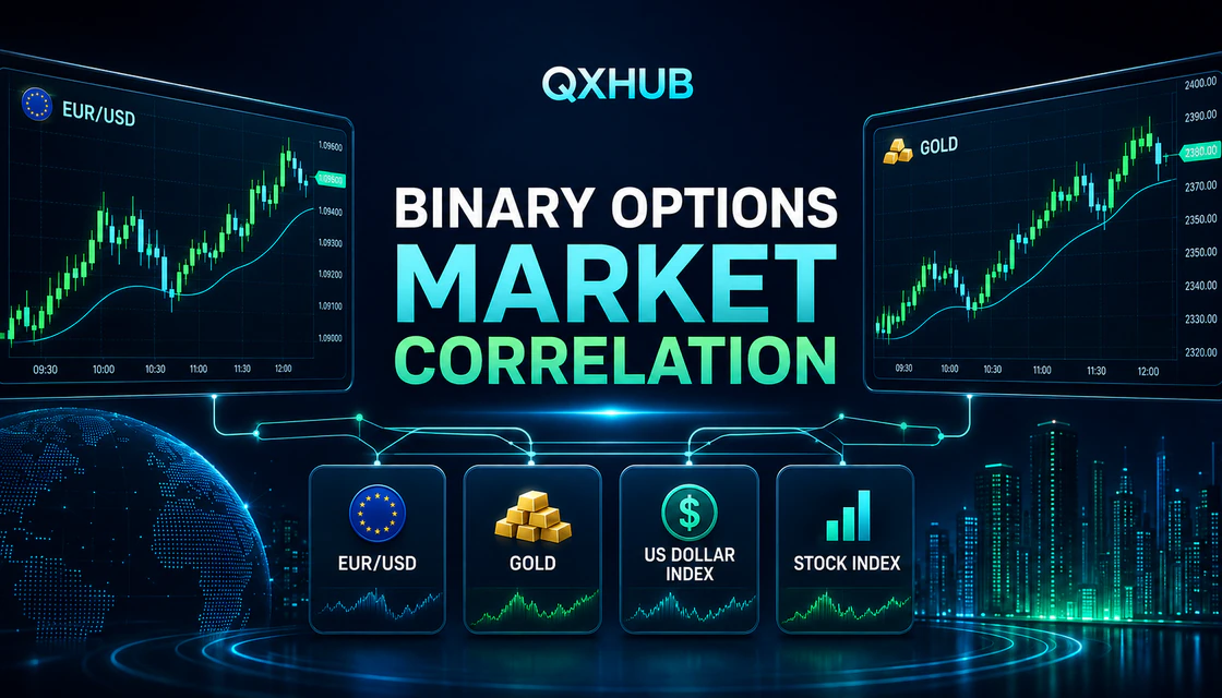 Binary options market correlation dashboard with related forex, gold and index charts
