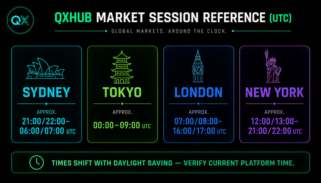 QXHUB major trading sessions reference in UTC