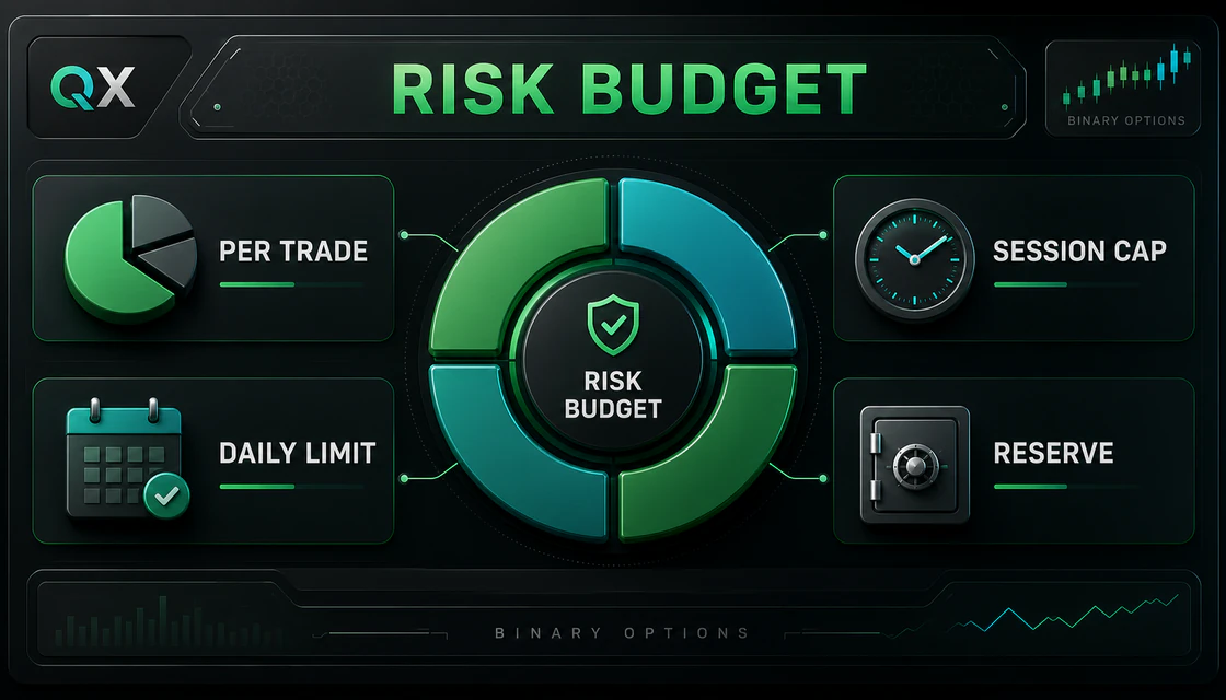 Binary options risk budget with per-trade risk, daily loss limit, session cap and capital reserve