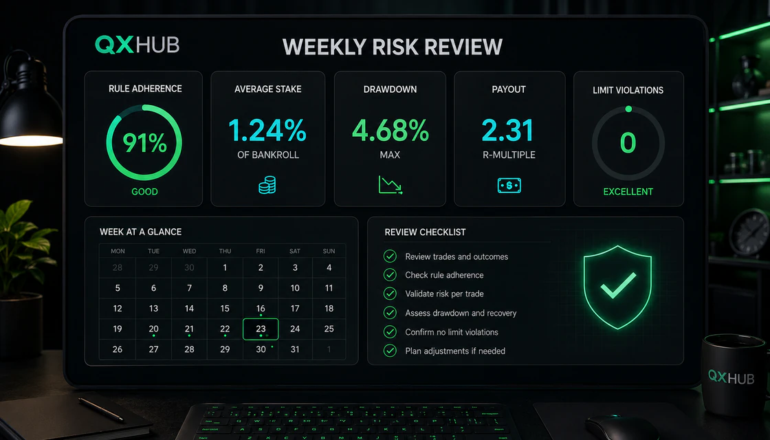 Weekly binary options risk review dashboard with compliance and drawdown metrics