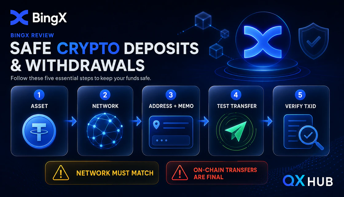 BingX crypto deposit and withdrawal workflow with network matching test transfer and transaction ID