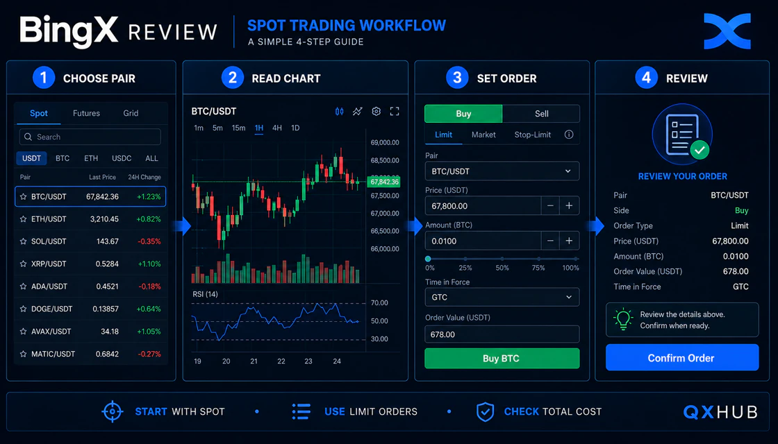 BingX spot trading workflow from pair selection and chart review to order confirmation