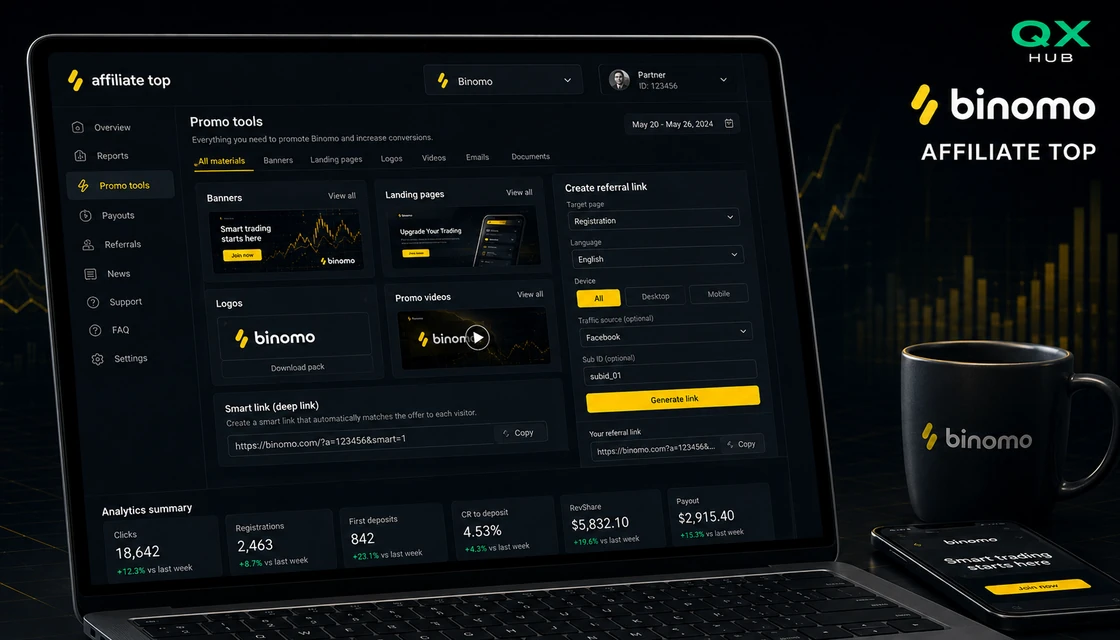 Binomo affiliate promo materials, banners, landing pages and smart links for audience flow campaigns