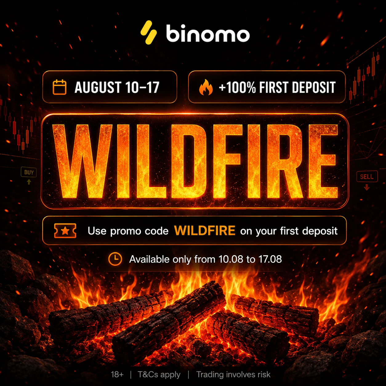 Binomo WILDFIRE poster with August 10 to 17 dates, plus 100 percent first deposit bonus and a glowing campfire
