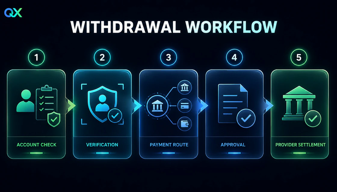 Five-step Binomo withdrawal workflow from account check to provider settlement