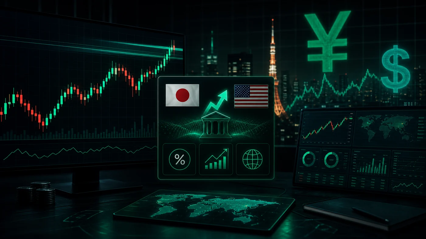 Bank of Japan rate hike and USDJPY 160 market reaction with yen dollar charts in QX Hub trading news style