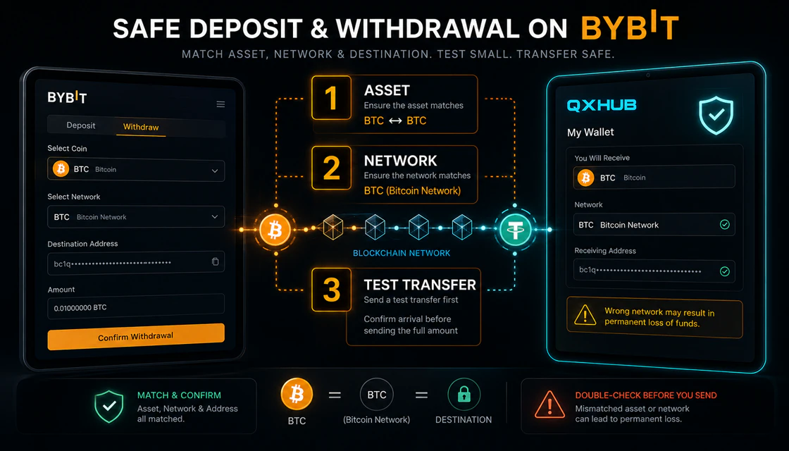 Bybit deposit and withdrawal workflow with asset network address and test transfer checks