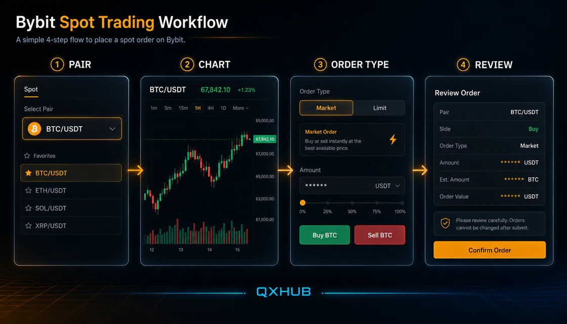 Bybit spot trading workflow from pair selection and chart review to order confirmation