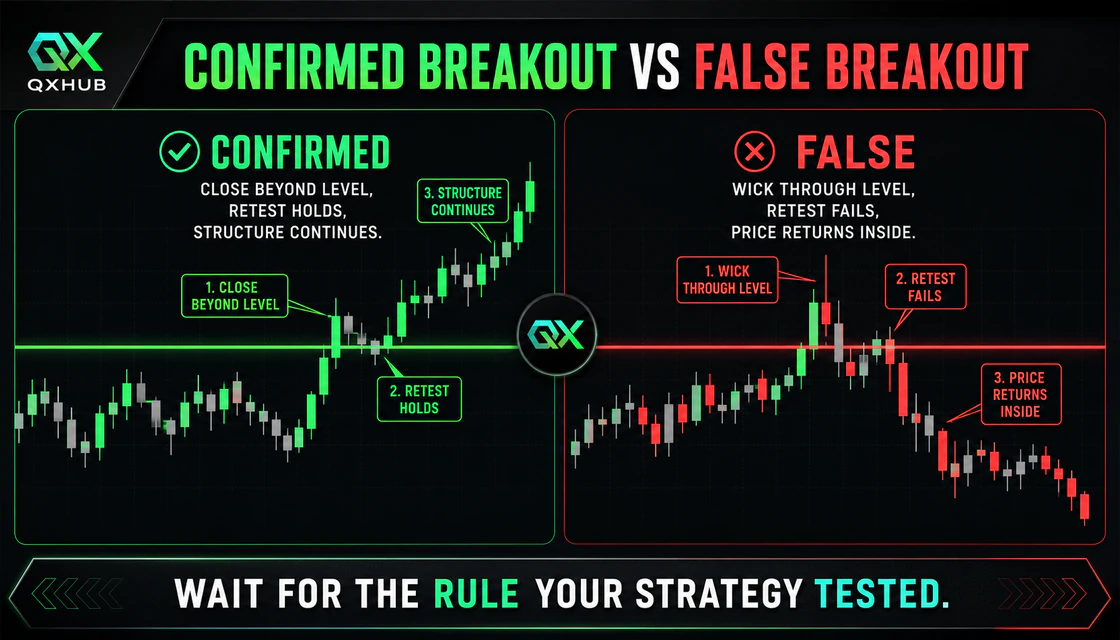 Confirmed breakout compared with a false breakout using close, retest and structure