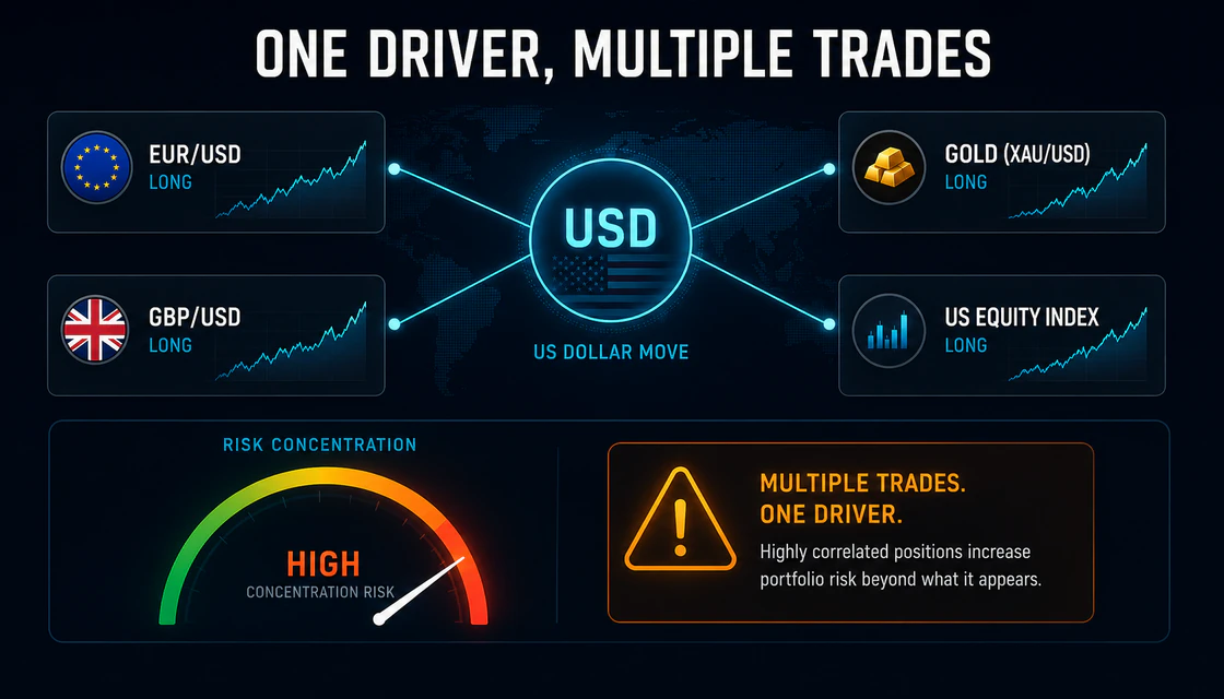 Several correlated trades connected to one US dollar driver and a high concentration risk gauge