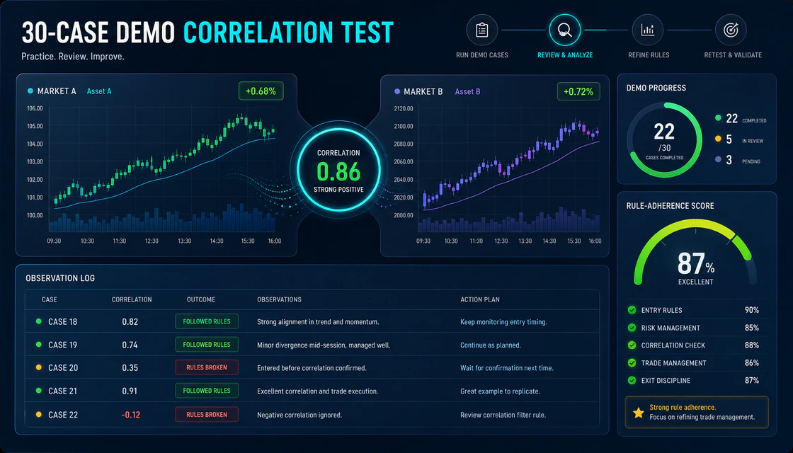 Thirty-case demo market correlation test and rule adherence review dashboard