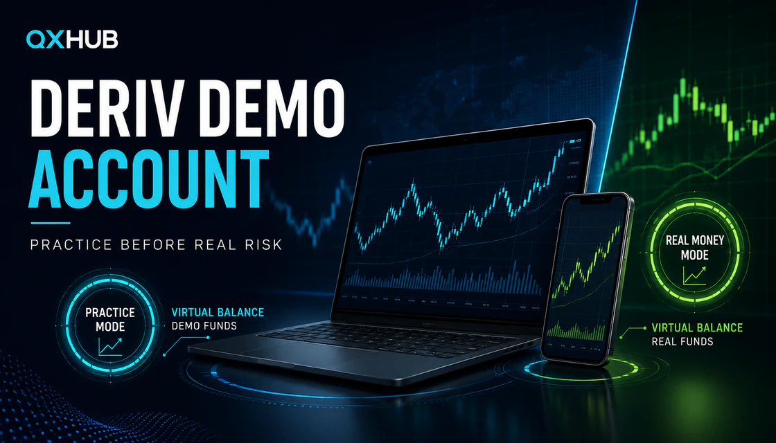 Deriv demo account practice dashboard with trading charts and virtual balance