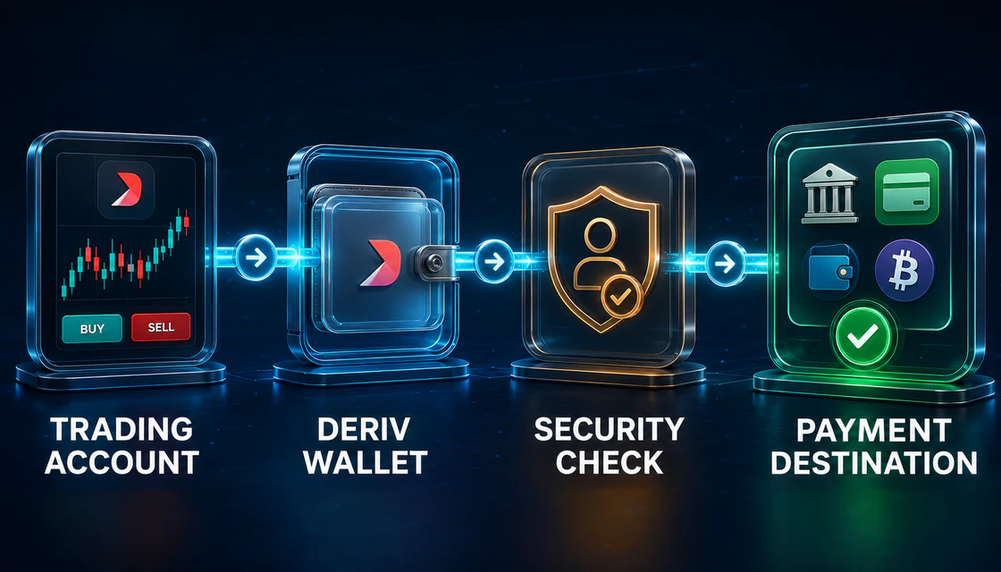 Deriv withdrawal chain from trading account through Wallet and security checks to payment destination