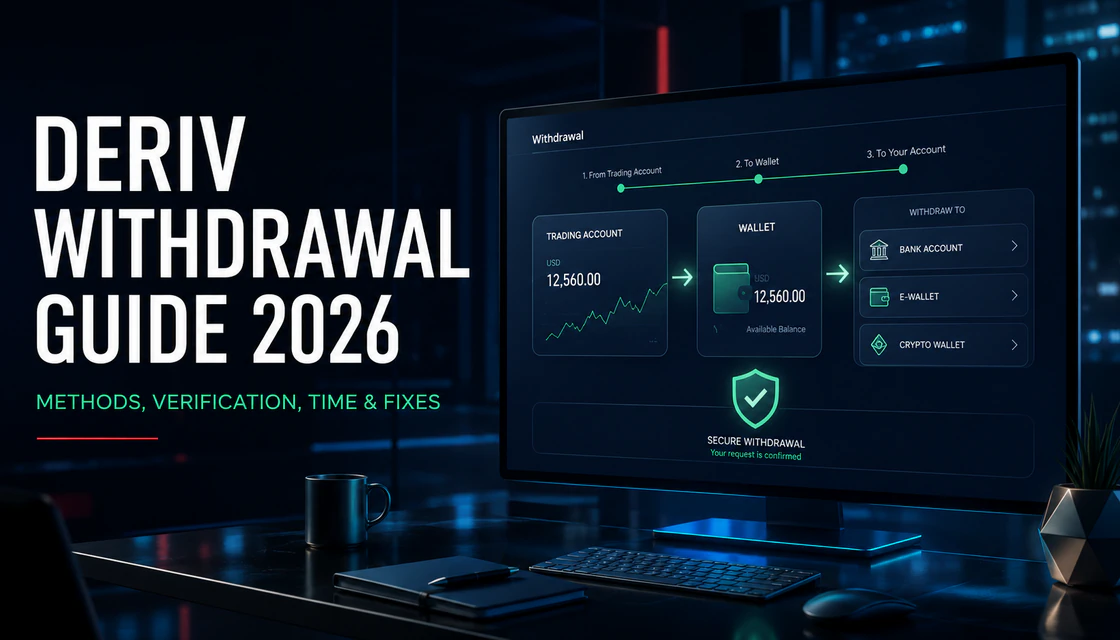 Deriv withdrawal guide 2026 showing a secure route from trading account to Wallet and payment destination