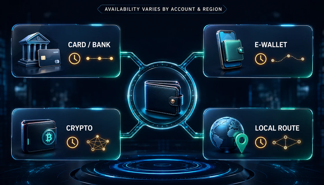 Deriv withdrawal methods including bank e-wallet crypto and local routes with regional availability