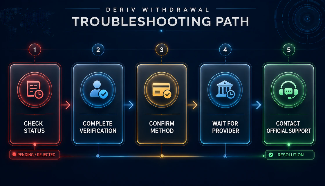 Deriv withdrawal troubleshooting path from status and verification to provider and official support