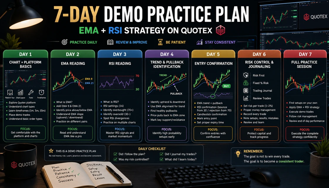 7-day Quotex demo practice plan for EMA RSI strategy training