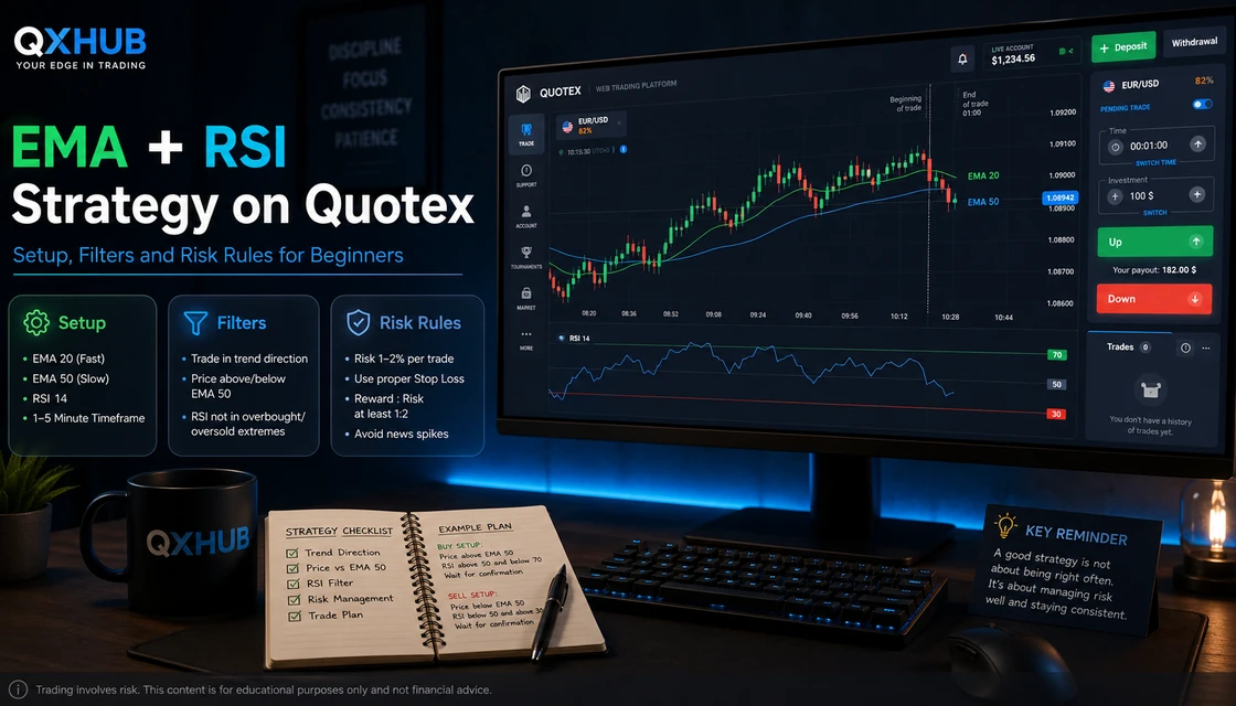 EMA RSI strategy on Quotex with trend filter, RSI panel and risk rules for beginners