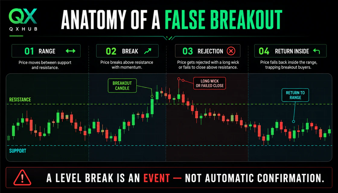 Anatomy of a false breakout from range break to rejection and return inside