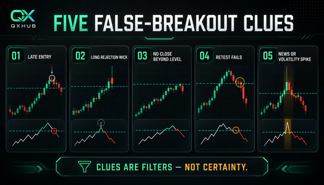 Five false-breakout clues: late entry, rejection wick, failed close, failed retest and volatility spike