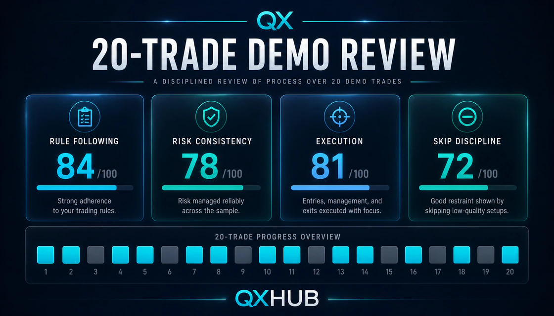 Twenty-trade IQ Broker demo review scorecard for discipline and execution