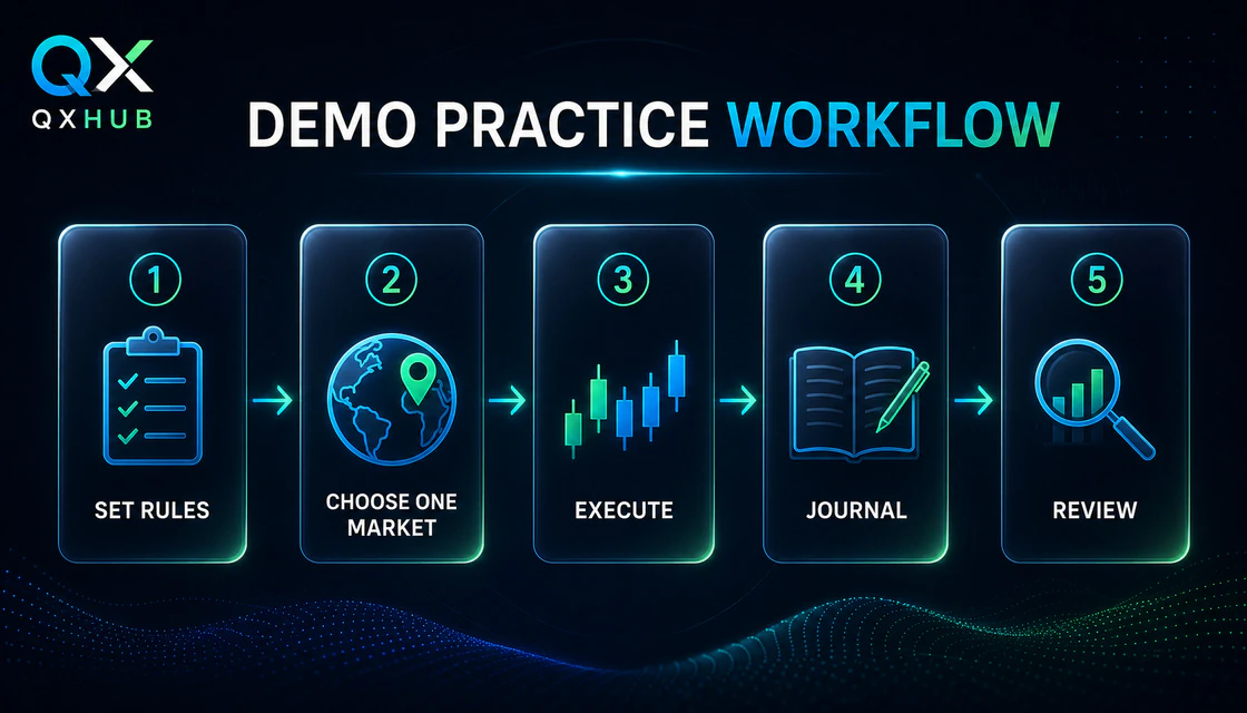 Five-step IQ Broker demo practice workflow from written rules to review
