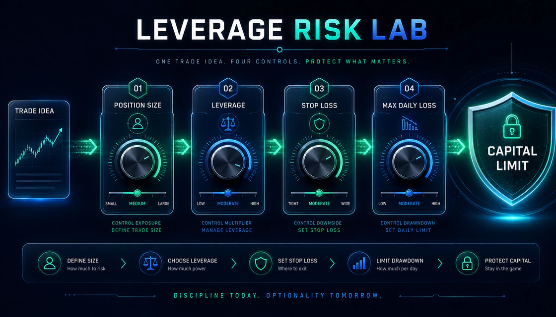 Leverage risk laboratory with position size stop loss and daily loss controls