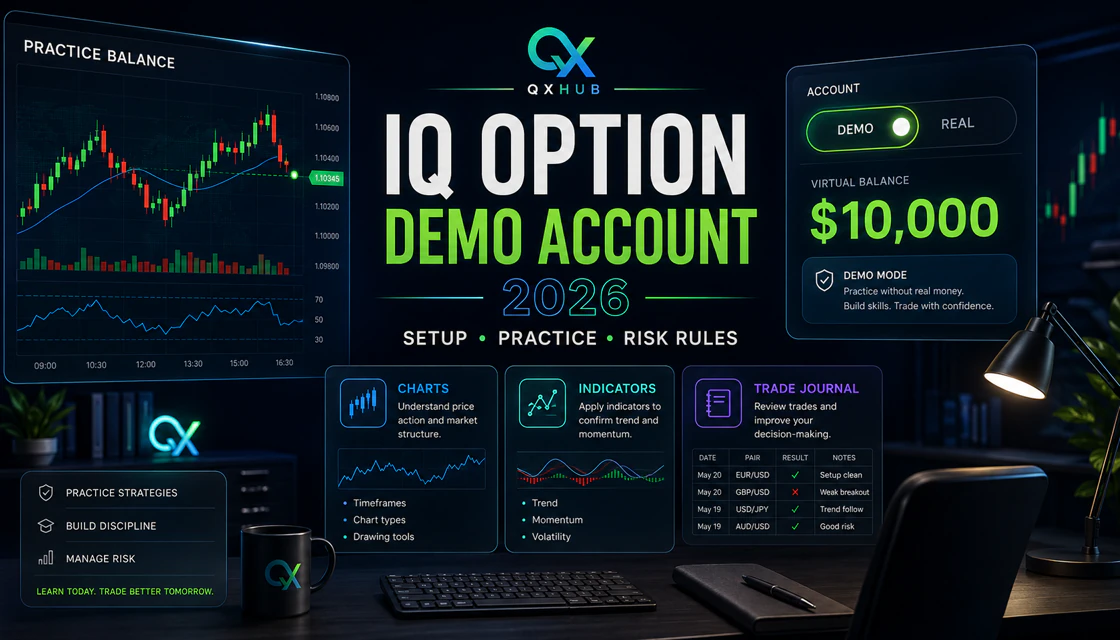 IQ Option demo account 2026 workspace with a 10,000 dollar virtual balance and QXHub practice journal