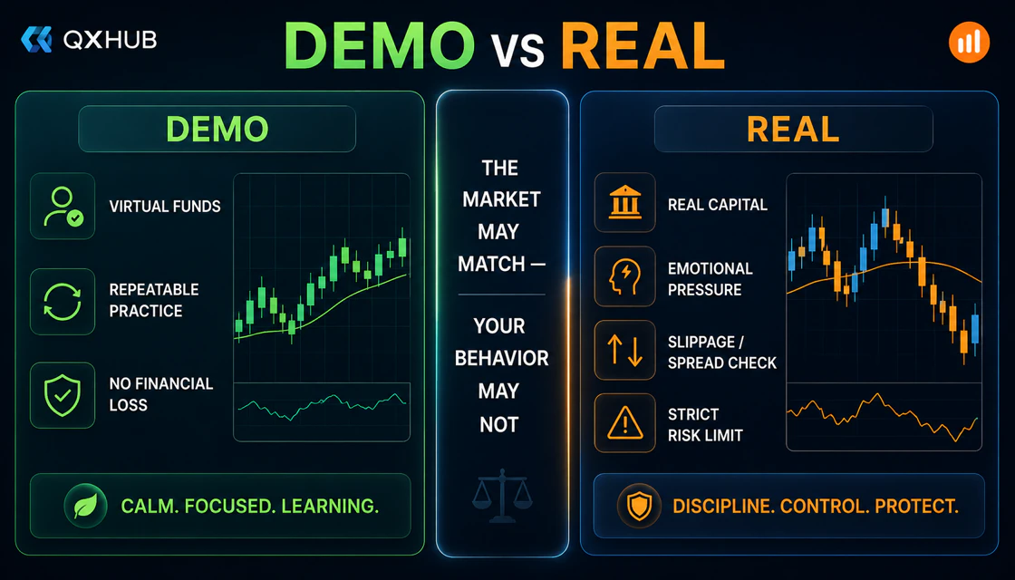 IQ Option demo versus real account comparison of virtual practice and real-money pressure