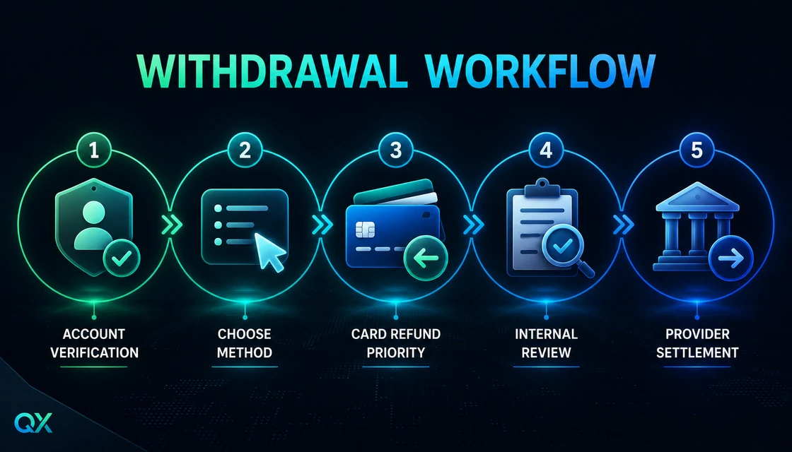 Five-step IQ Option withdrawal workflow from verification to provider settlement