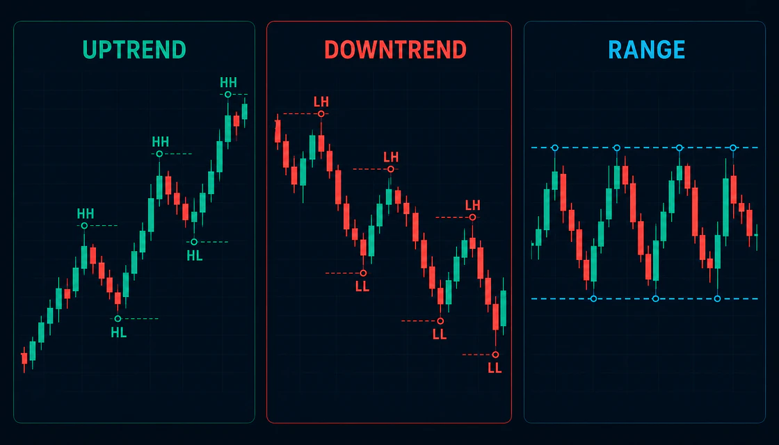 Uptrend downtrend and range market structure with higher highs higher lows lower highs and lower lows