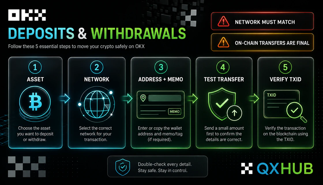 OKX crypto deposit and withdrawal workflow with network memo test transfer and transaction ID