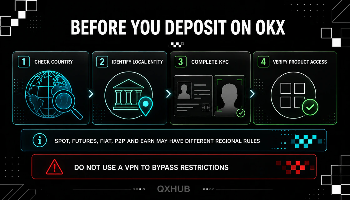 OKX eligibility and KYC workflow with country entity identity and product checks