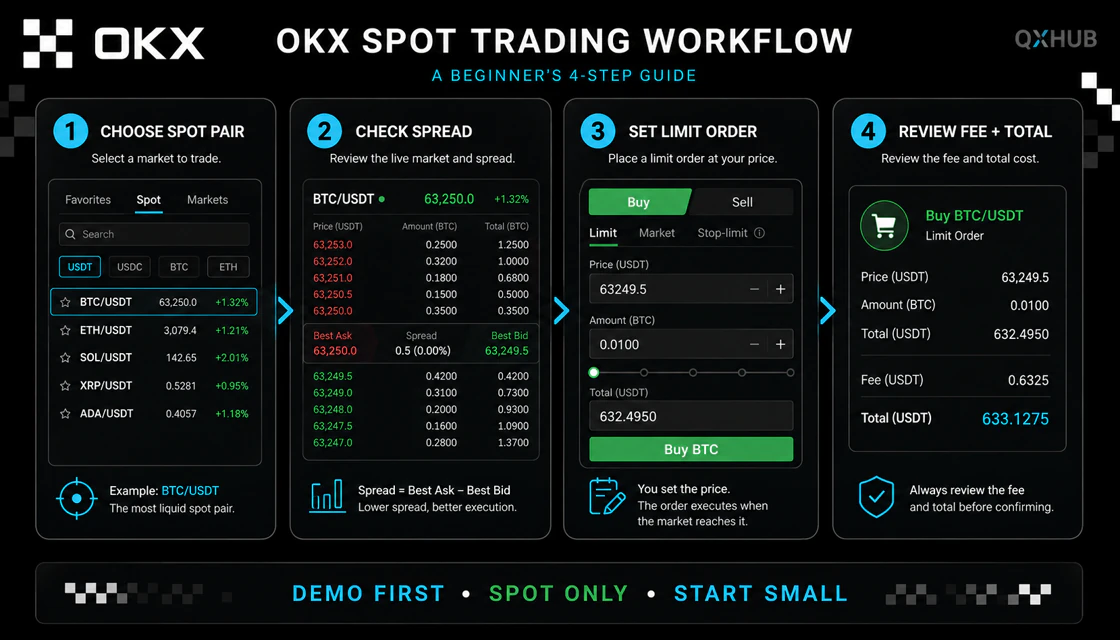 OKX spot trading workflow from pair selection and spread check to limit order and fee review