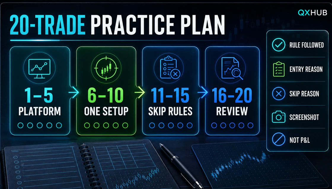 Olymp Trade twenty-trade demo practice plan with four structured phases