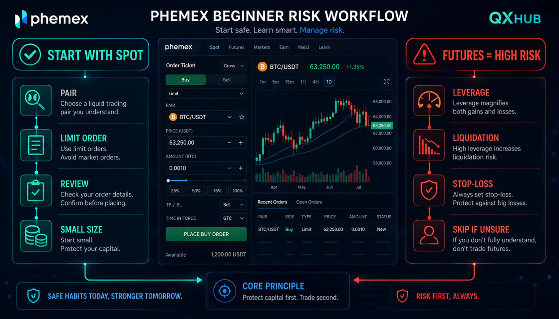 Phemex beginner risk workflow from simulated trading to a small spot test