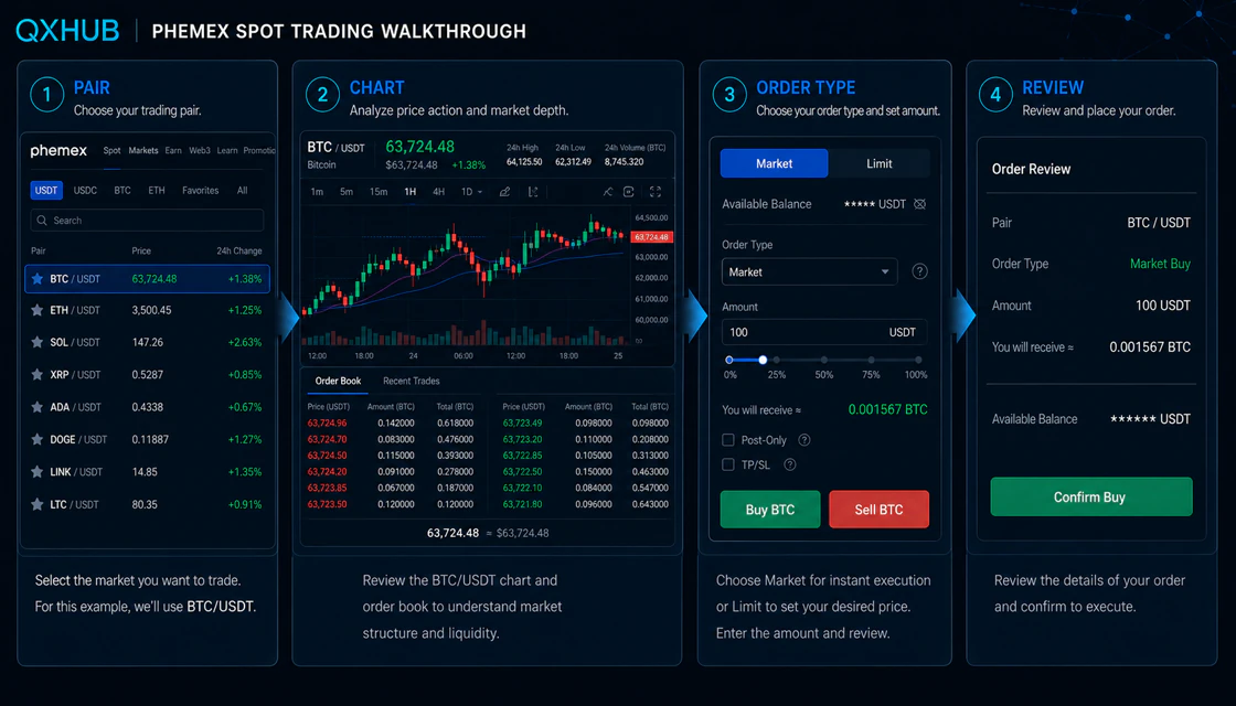 Phemex spot trading workflow with market limit and stop order practice