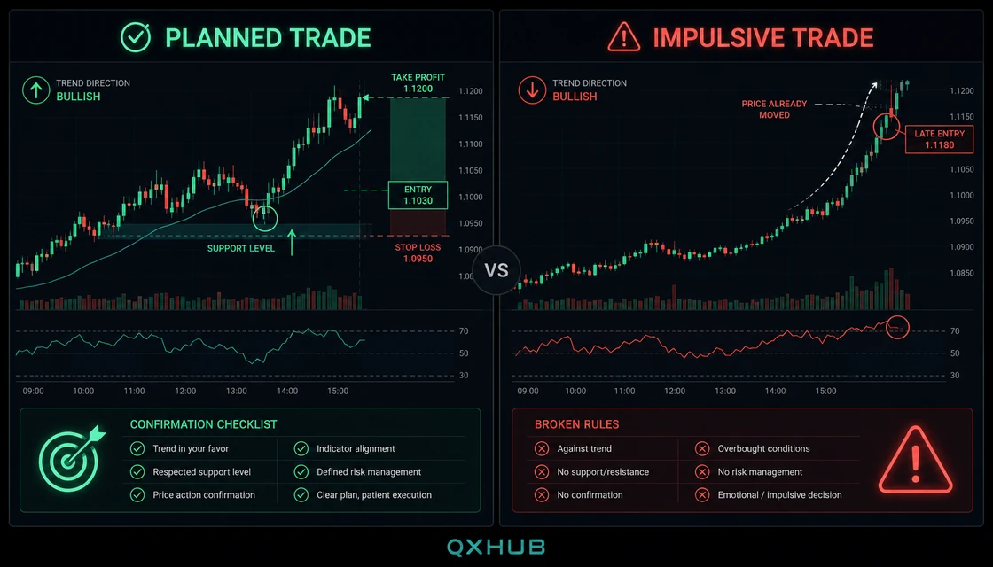Planned trade compared with a late impulsive entry