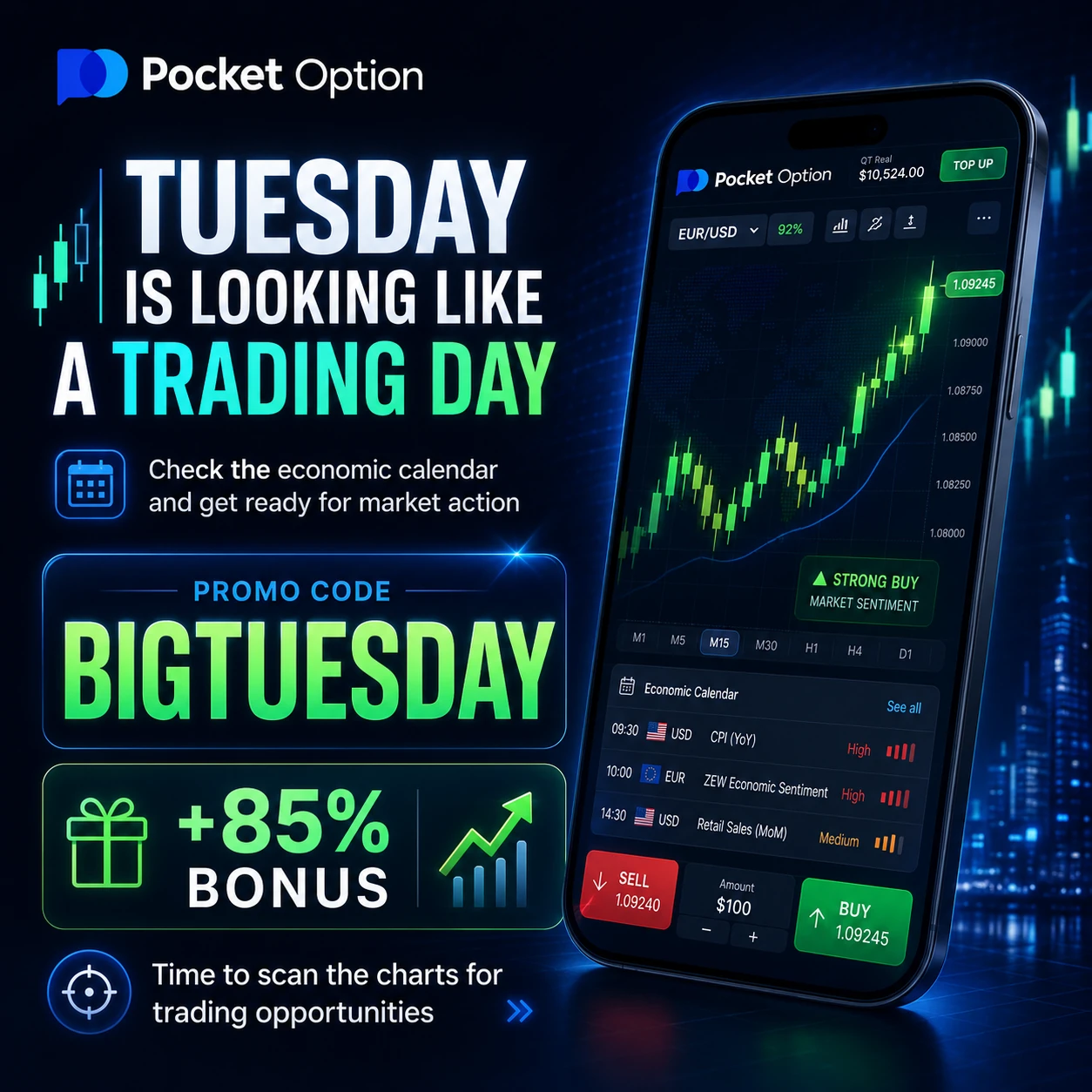 Pocket Option Tuesday trading day poster with BIGTUESDAY promo code, 85 percent bonus, economic calendar and trading phone