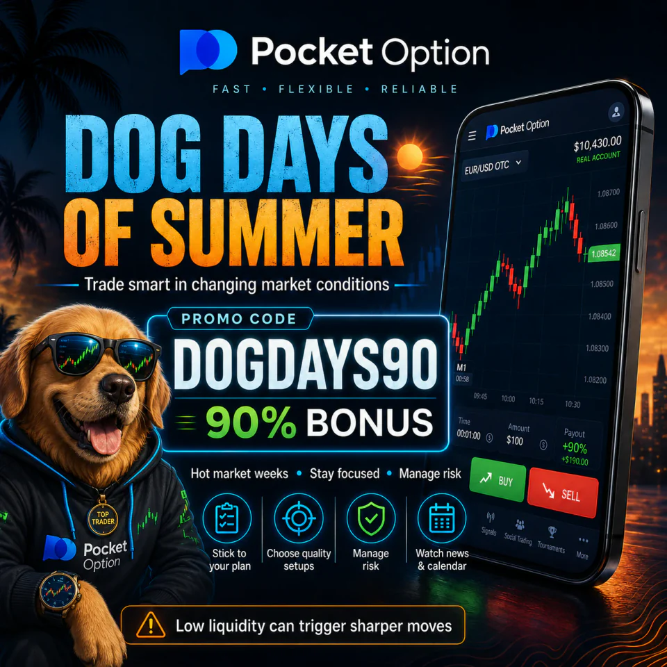 Pocket Option Dog Days of Summer poster with DOGDAYS90 promo code, 90 percent bonus, trading phone, risk checklist and dog in sunglasses